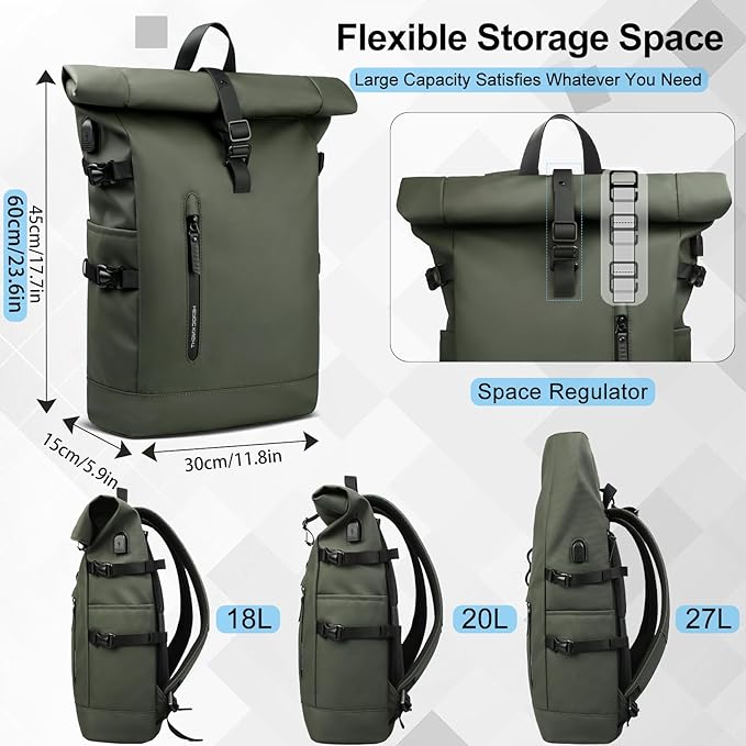 Roll Top Backpack, Waterproof Travel Backpack for Men Women, Expandable Casual Daypack for 15.6 Inch Laptop, Large Capacity Adjustable 18-27L Commute Laptop Backpack for Work Business College-Green