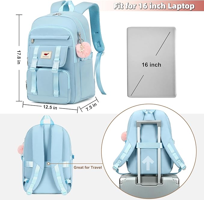 LXYGD 3 PCS Backpack for Teen Girls,Laptop Backpacks 15.6 Inch School Bag with Lunch Box Pencil Pouch Set for Students Aesthetic College Bookbag Travel Daypack(Blue)