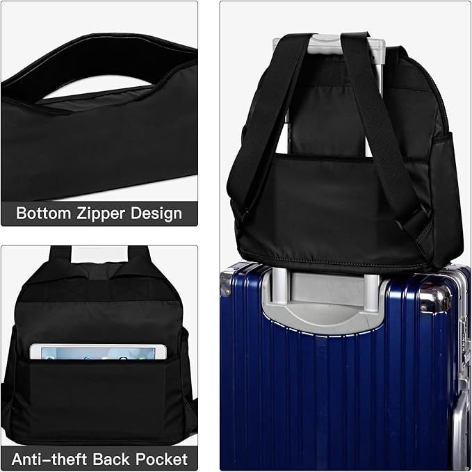 Women’s Backpack Purse Medium Size with Trolley Sleeve, Adjustable Strap/Top Handle, Water Resistant Travel Daypack, Black