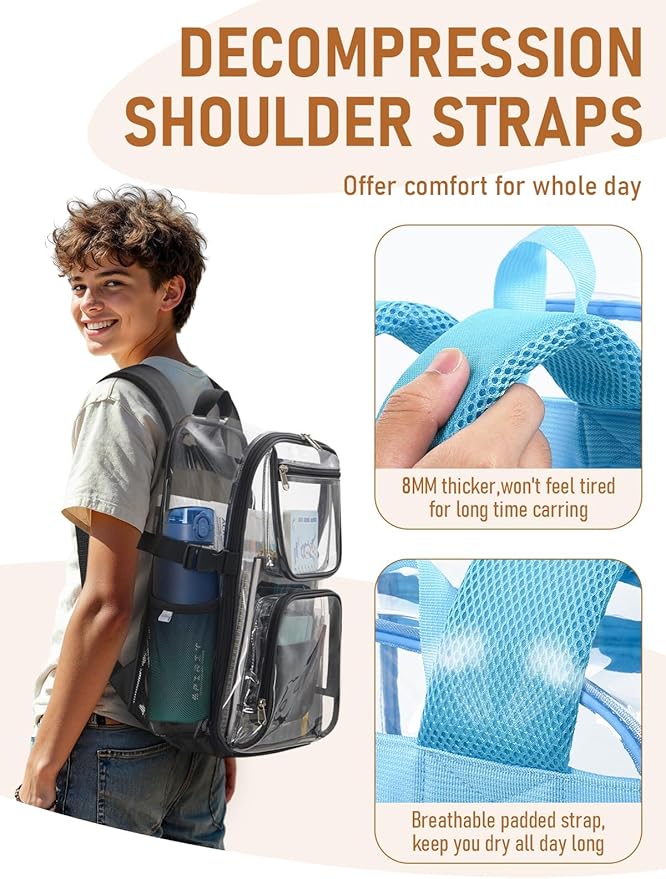 Clear Backpack Heavy Duty, Large TPU Clear Bookbag for Boys Girls Adult, See Through Transparent Back Pack with Multiple Pockets for College Work Casual Security,Light Blue
