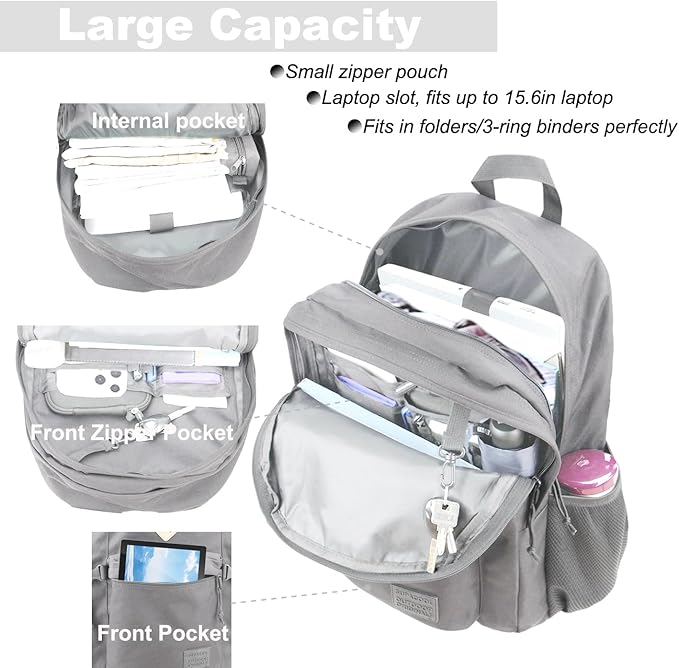 SUPACOOL Casual Backpack For School, Classical Travel Backpack for Men and Women, Bookbag for Boys, Girls and Kids, Laptop Compartment(Light Grey)