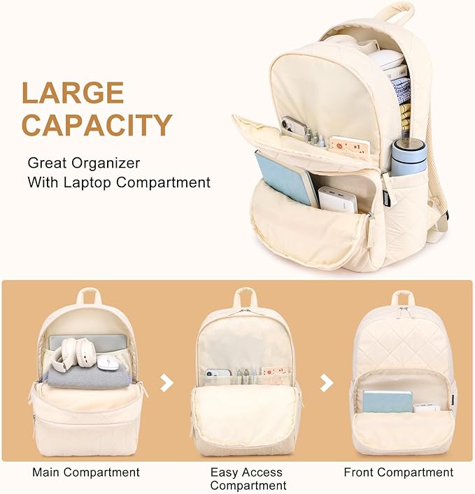 Backpack for Women, Quilted Puffer Casual Daypack, College School Backpack for Girls, Water-Resistant Bookbag for 15.6 Inch Laptop