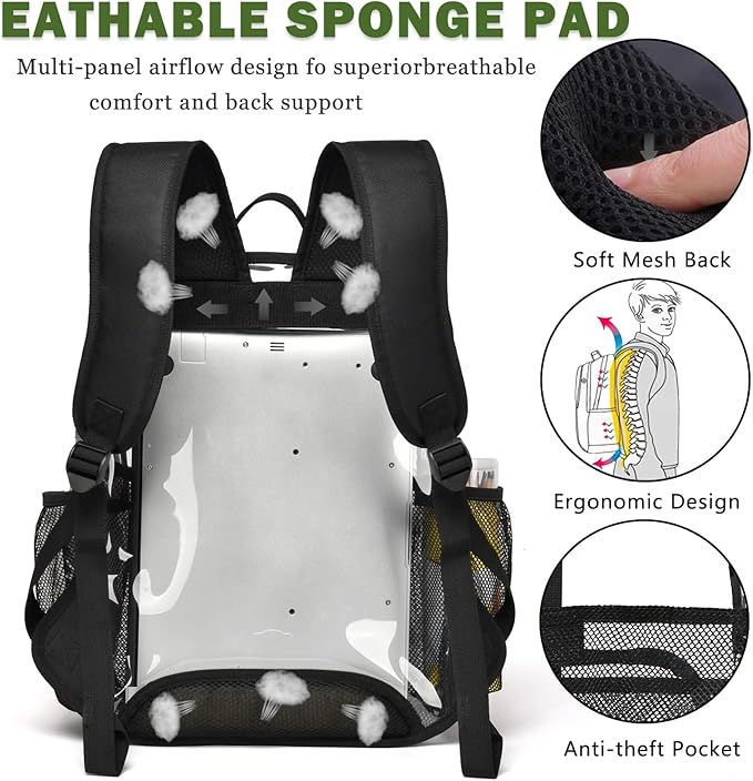 Clear Backpack,15.5 '' Clear Backpacks for School Heavy Duty PVC See Through Bag Waterproof Bookbag for Girls & Boys, Black