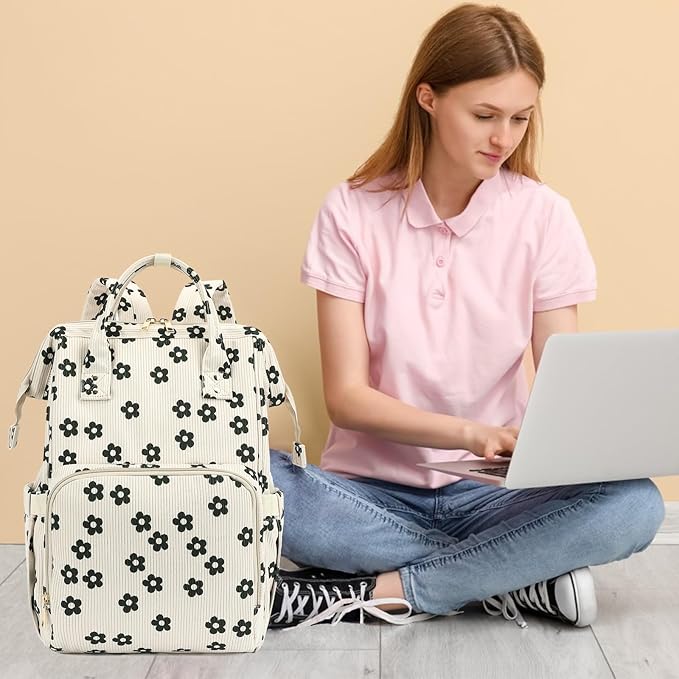 Laptop Backpack for Women, Corduroy College School Backpack Bookbag 15.6 inch Business Computer Travel Backpack (Flowers)