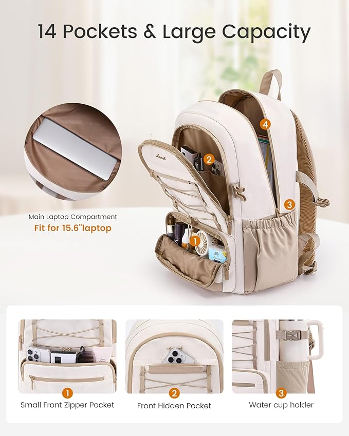 LOVEVOOK Laptop Backpack for Women & Girls, Large Capacity Everyday Backpack with Water Bottle Holder, Chic Versatile Backpack Purse, Lightweight Casual Daypack for Work, Travel, College, Beige-Khaki