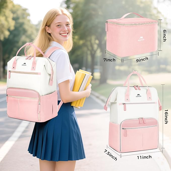 MATEIN Lunch Backpack for Women, 15.6 Inch Work Backpack with Laptop Compartment, College Computer Lunchbox Backpacks with Insulated Lunch box Meal Prep Bag for Teens Office Commute College, 2pcs Set