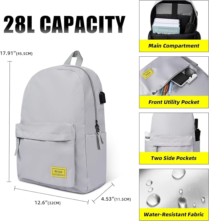 Premium Lightweight Laptop Backpack with USB Charging Port, Durable College School Bookbag, 2 Built-in Organizers, Padded 15.6-inch Laptop/Notebook Sleeve, Slim Water Resistant Bag, Beige Grey