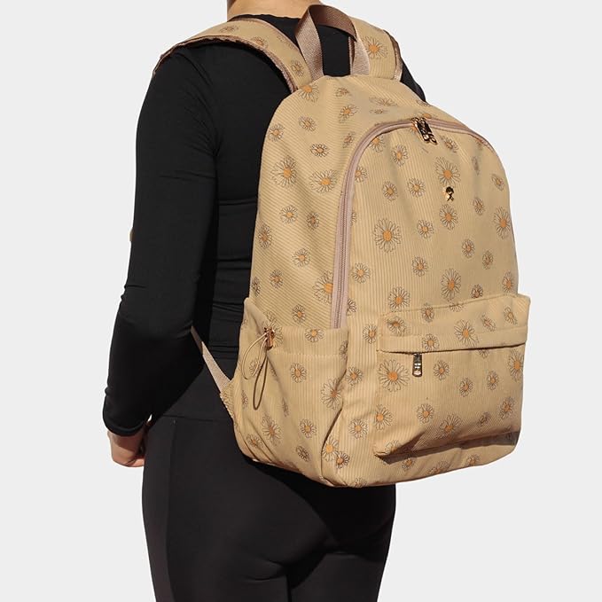 ESVAN Corduroy Backpack Lightweight Fashion 17 inch Laptop Bag for Women Casual College (Corduroy Brown daisy)