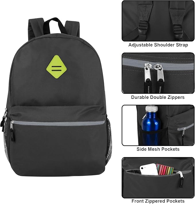 Trail maker Large School Backpacks with Mesh Side Pockets – Classic 19 Inch Solid Color Backpacks for Kids, Men, Women, Travel (Black & Yellow)
