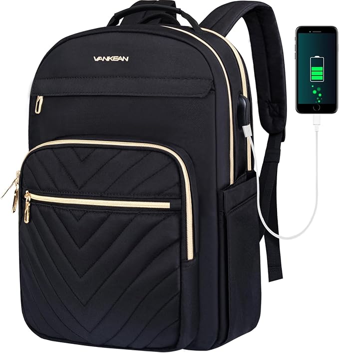 VANKEAN 17.3 Inch Laptop Backpack for Women Men Work Laptop Bag Fashion with USB Port, Waterproof Backpacks Nurse Stylish Travel Bags Casual Daypacks for College, Business, Black