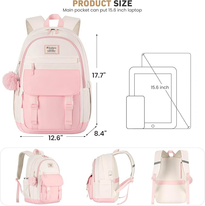 School Backpack for Teen Girls, Cute College Backpacks for Women Students Aesthetic Bookbag Large 15.6 Inch Laptop Bag Middle School Travel Back Pack (Pink Beige)