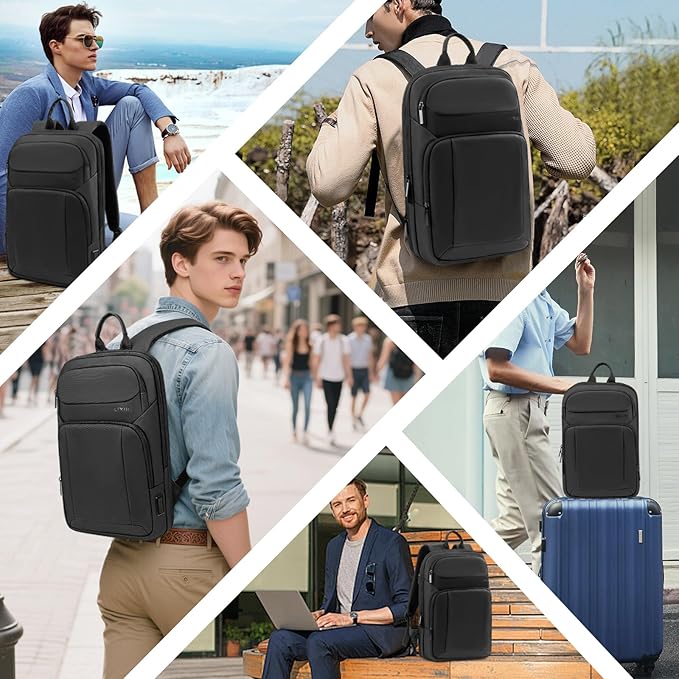 Backpack for Men Slim & Expandable Travel Laptop Backpack with USB Charging Port Water Resistant Anti-Theft Business Backpack Fits 17.3In Laptop for Commute Work College with Small Bag（Business Black）
