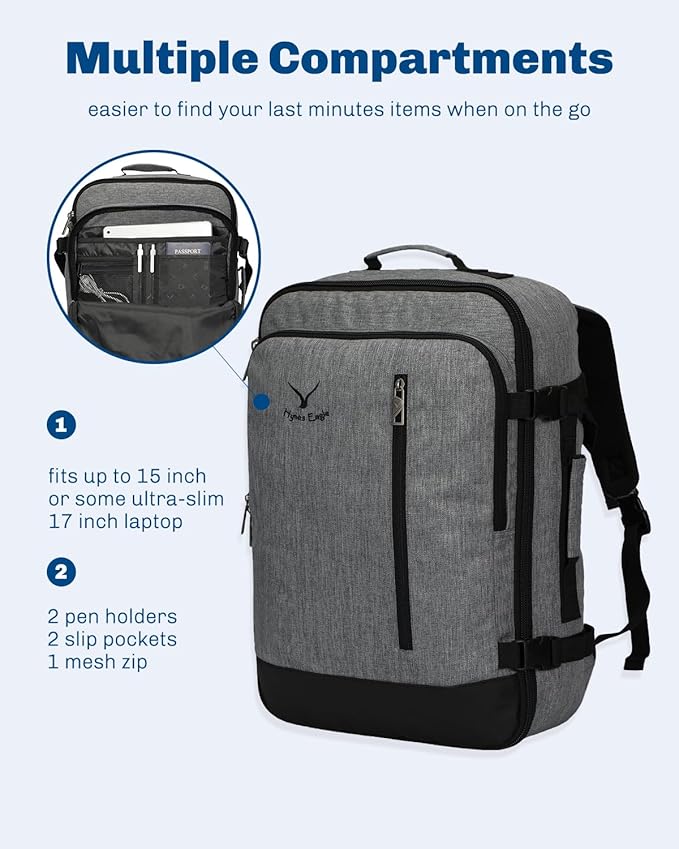 Hynes Eagle Carry on Backpack 38L Large Travel Backpack for Women Flight Approved Weekender Bag Laptop Backpack Men 15 inches Black Grey 2023