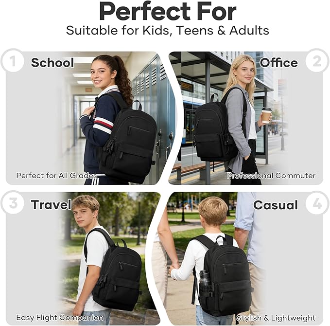 School Bag, Water Resistant School Backpack for Teen Girls Boys, 14 Inch Laptop Backpack for Women Men, Durable Lightweight Bookbag for Middle High School & College, Travel Daypack, Black