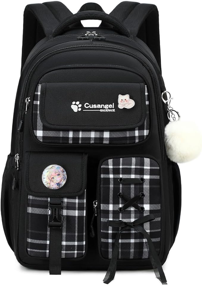 Cusangel Teen Girls Backpack for School, 18 inch Black Cute Daily BookBag, Large Capacity Waterproof Laptop Daypack