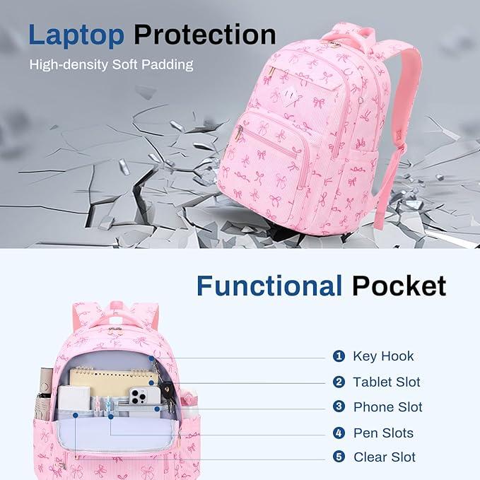 Girls Backpack, Corduroy School Backpack Multiple-pocket College Bookbag for Teen Girls Travel Backpack with Luggage Strap for Women, Pink Bow