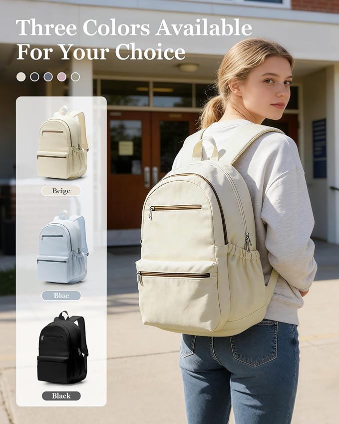Lightweight School Backpack for Women Men, Multi Pocket Backpack for College Students, Waterproof Middle School Bags, Simple Bookbag for Teens Girls Boys, Beige