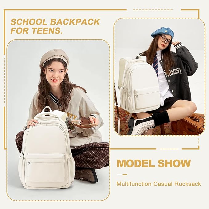 Lightweight School Backpack for Women Men, Laptop Travel Casual Daypack College Secondary School Bags Bookbag for Teenage Girls Boys, Beige