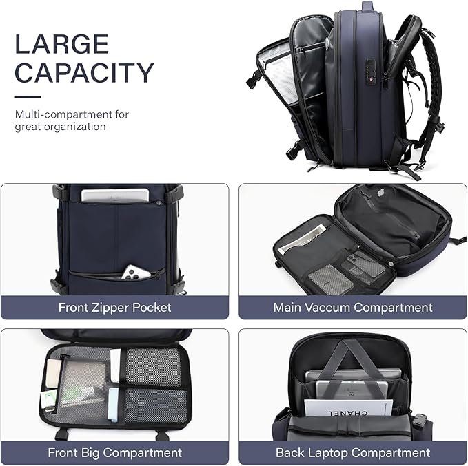 Travel Backpack with Vacuum System,60L Expandable Vacuum Backpack Travel with Built-in Pump,17.3 inch Laptop Backpacks Carry On Backpack with TSA Lock(Blue,Built-in Air Pump)