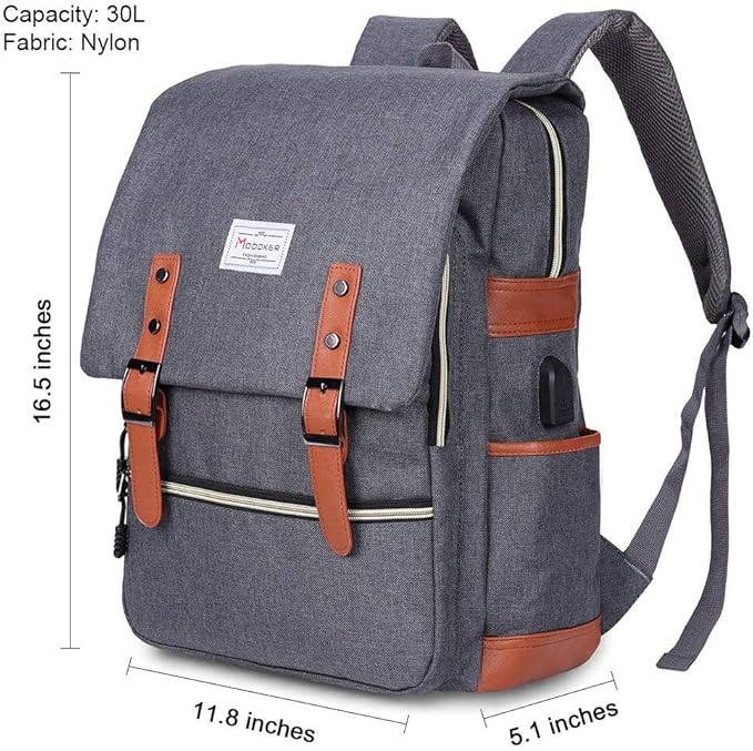 Modoker Eco-Friendly Vintage Laptop Backpack for Women Men,Travel Backpacks with USB Charging Port Fashion Backpack Fits 15.6Inch Notebook, Grey