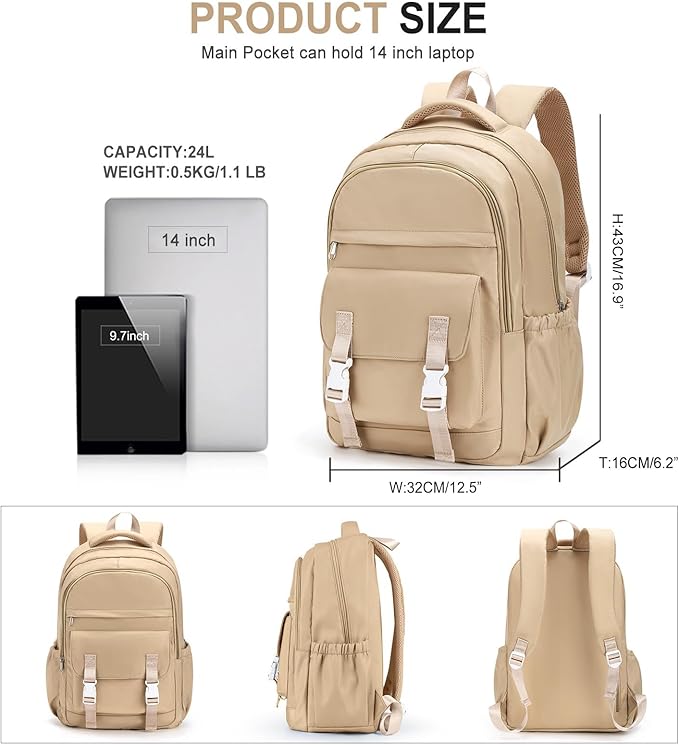 School Backpack For Women Men College Backpack With Lots Of Pockets Cute BookBag Casual Daypack Backpacks For Teens Girls Boys Waterproof(Khaki)