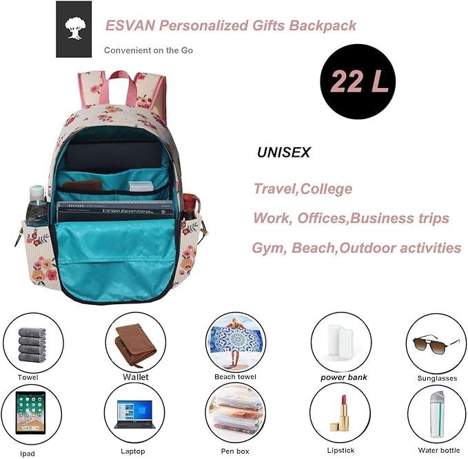 ESVAN Corduroy Backpack Lightweight Fashion 17 inch Laptop Bag for Women Casual College (Corduroy Beige Flower)