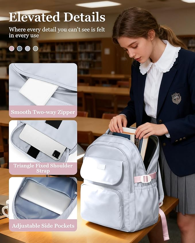 Cute Middle School Backpack For Teen Girls,Waterproof Casual Bookbags,Lightweight Travel Daypack,Basic Laptop College Backpack For Women(grey