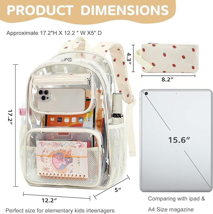 Bluboon Clear Backpack Heavy Duty Kids Boys Clear Bookbag See Through Backpacks with Pencil Case for College Work (Transparent Strawberry)