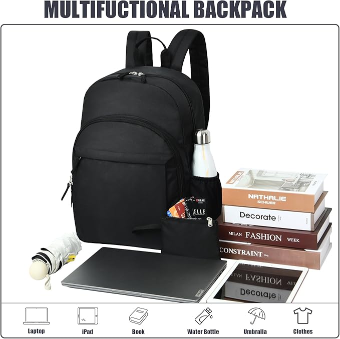 Classical Basic Black Backpack for School, Water Resistant Bookbag for Boys Girls, Travel Laptop Backpacks, Work Back pack for Men, Book Bags for College Students (Black)