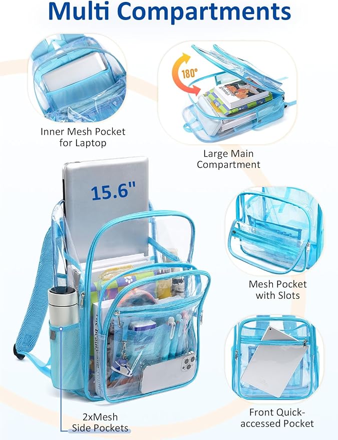 Extra Large Clear Backpack with TSA Lock, Heavy Duty Transparent See Through Clear Bookbag for College, Work, Travel, Casual Sport, Light Blue