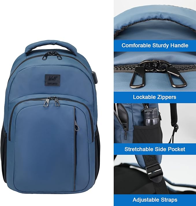 WOLT Laptop Backpack for Men Women for 15.6 Inch and 17 Inch Notebook, Travel Backpack Carry On Flight Approved with Computer Compartment, College Bookbag with USB Charging Port (Blue)