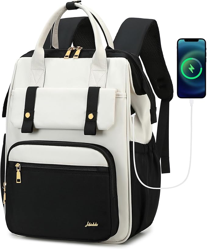 Hidds Laptop Backpack for Women 15.6 In Work Business Computer Bag School College Backpacks Commuter Back Pack Purse Girls Nursing Bookbag Womens Anti Theft Travel Daypack with USB Port - Black Beige