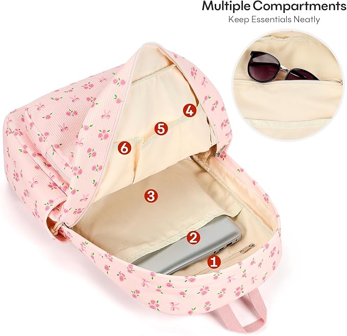 mibasies School Backpack for Girls with Laptop Sleeve: 18IN Large Capacity Corduroy Bookbag for Primary Middle School/College, Travel Daypack for Teens Women - Pink Flower Bow
