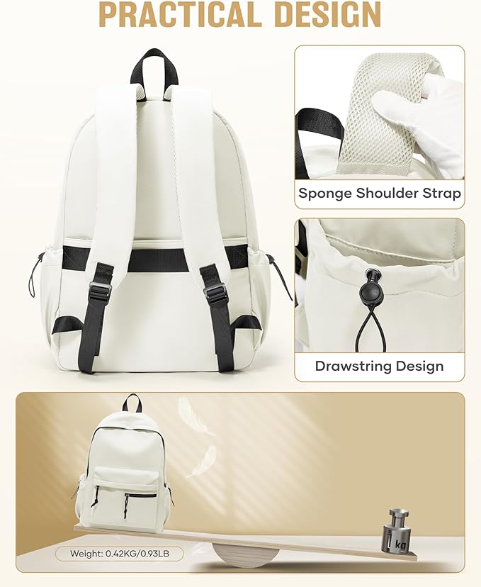 School Backpack for Girls Boys Bookbag Cute Aesthetic College Backpack Women Middle High School Teen Students Book Bag Lightweight Gym Work Laptop Casual Daypack Backpacks Men Beige