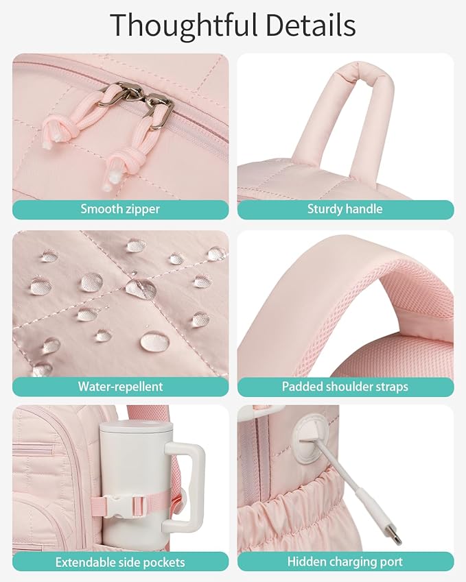 Cute Laptop Backpack for Women, Quilted College Bookbag with Tumbler Holder Pocket for Nurse Teacher Work Travel, Puffer School Backpack for Teen Girls Big Student, Pink