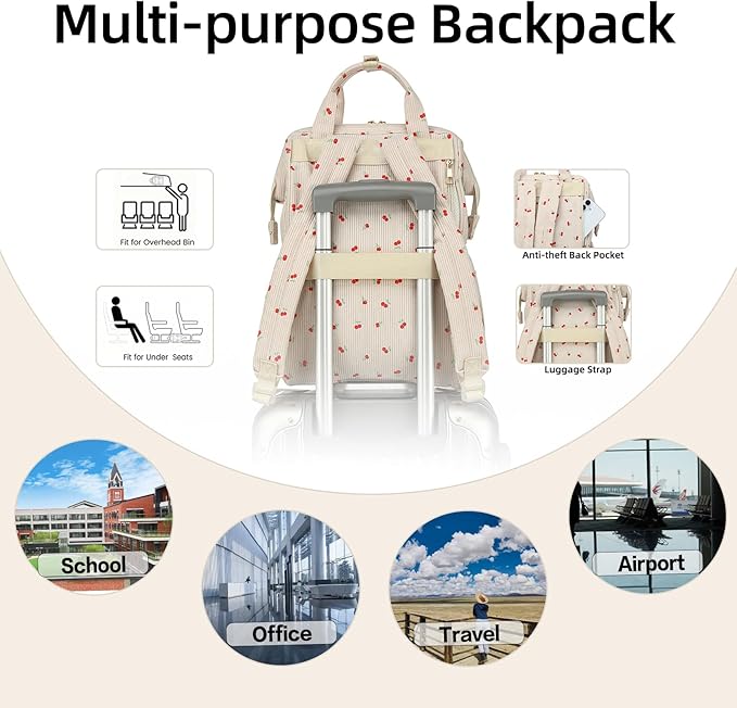 Corduroy Laptop Backpack for Women 15.6 Inch Stylish College School Bookbag, Business Work & Travel Computer Backpacks (Cherry Beige)