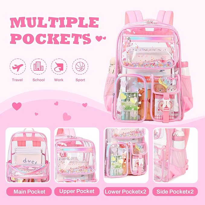Clear Backpack for School,Heavy Duty PVC Transparent Bookbag for Girls Stadium Approved See Through Backpack