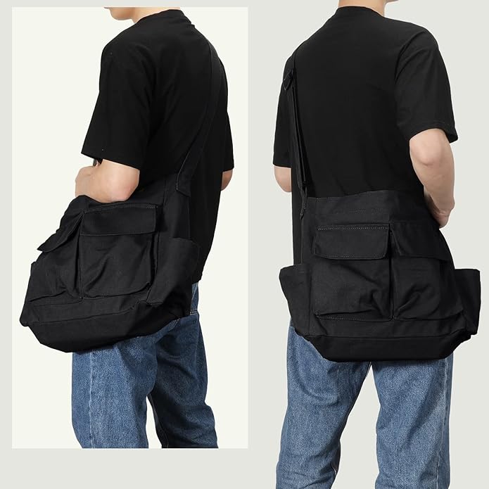 Canvas Messenger Bag Large Hobo Crossbody Bags with Multiple Pockets,School Vintage Shoulder Laptop Bag for Women and Men