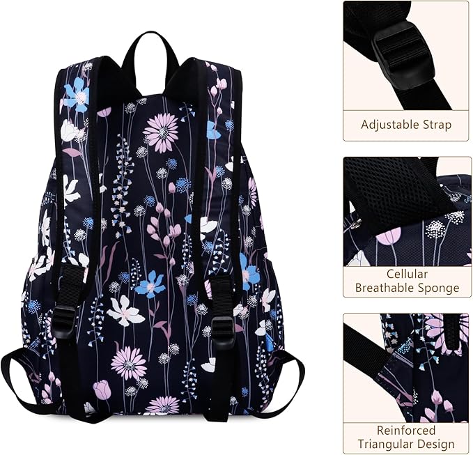 Women's Water-resistant Daypack Backpack, 15.6 Inch Laptop Compartment & Anti-Theft Pocket, Adjustable Padded Straps for Commuting, Travel, Work, College, Dreamy Flower