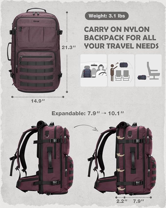 Gonex Travel Backpack, Large Carry-On Nylon Duffle Bag, 3-in-1 Convertible Laptop Bag for Men & Women, Durable for Work & Weekend Travel (Dark Red)