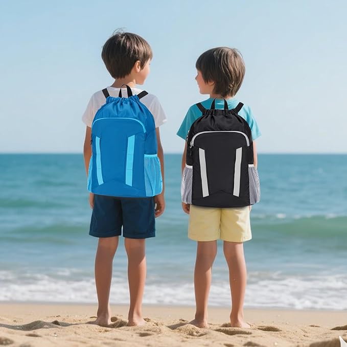 Drawstring Backpack for Kids Sports Gym Bag with Shoes Compartment, Water Resistant Beach Swim Bag String Backpack for Boys and Girls, Blue