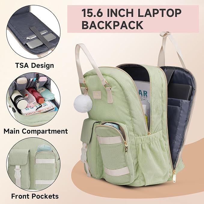 MATEIN 15.6 Laptop Backpack, Cute School Backpack for Teens Girls Corduroy Computer Bookbag with Luggage Strap, High School College Backpacks Students Daypack Gifts for Girl Sister Kids Nurse, Green