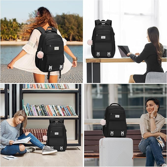 School Backpack for Girls Teens, Cute Aesthetic College Backpacks Large 15.6 Inch Laptop Bag Preppy Bookbag for Women Students Travel (Black)
