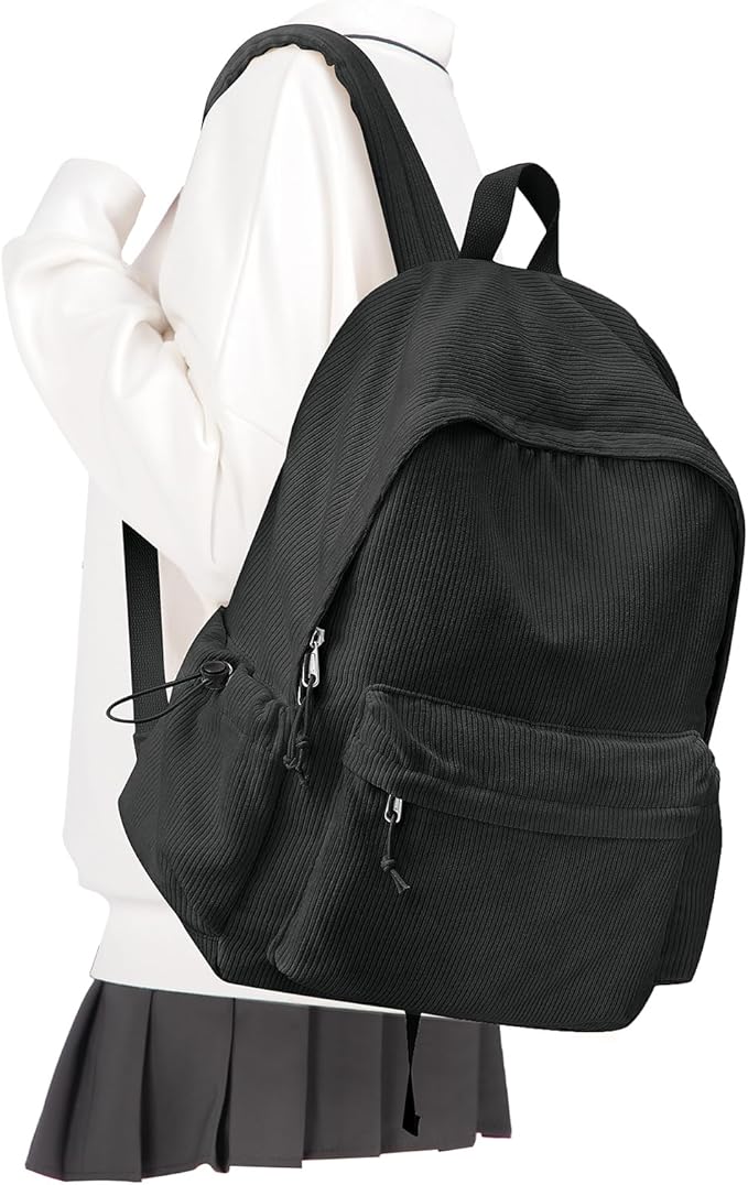 Black School Backpack for Teens Boys Girls Cute Corduroy Bookbag Classic Casual High School Bag Lightweight College Backpack For Women Men