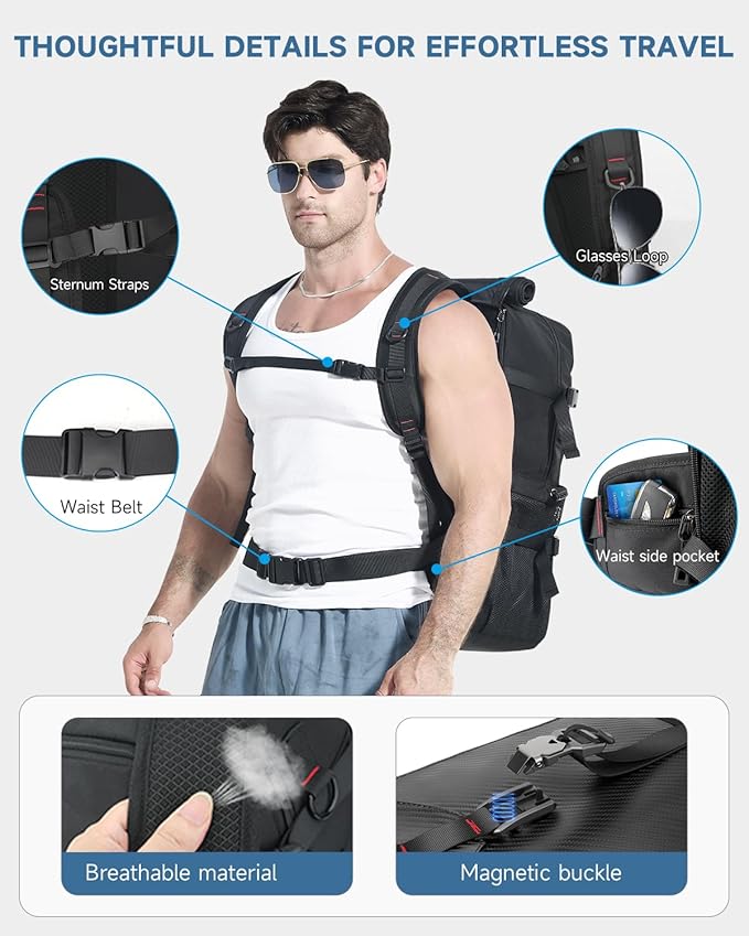 SWICKY Travel Backpack for Men, 40L-50L Flight Approved Carry On Backpack,Hiking Laptop Backpack with Shoe Compartment & Water Bottle Pocket,17 Inch Laptop Sleeve, 3-4 Day Business Travel
