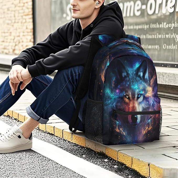 Pardick Animal Wolf Galaxy Backpack for Kids Girls Boys Lightweight School College Students 18in Bookbag Large Capacity Computer Backpacks Laptop Rucksack Travel Gym Hiking Camping Daypack