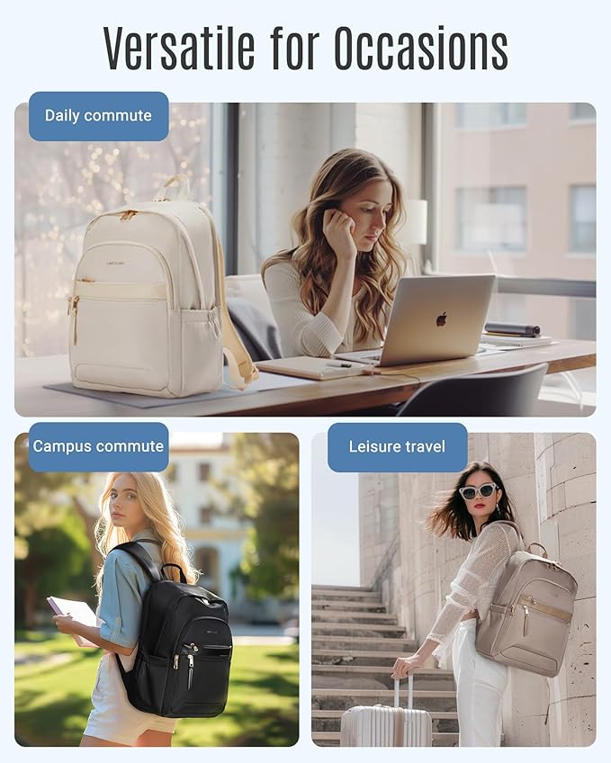 LIGHT FLIGHT Travel Backpack for Women, 15.6 Inch Stylish Laptop Backpack, Computer Bag for College Work Daily, Water-Resistant Casual Daypack with USB Port, Beige