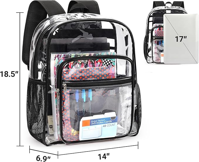 ZORFIN Clear Backpack Heavy Duty for School – 18in Transparent PVC Bag with Large Capacity & Reinforced Straps for Men, Women, Boys & Girls - See Through Bookbag for College Workplace Security, Black