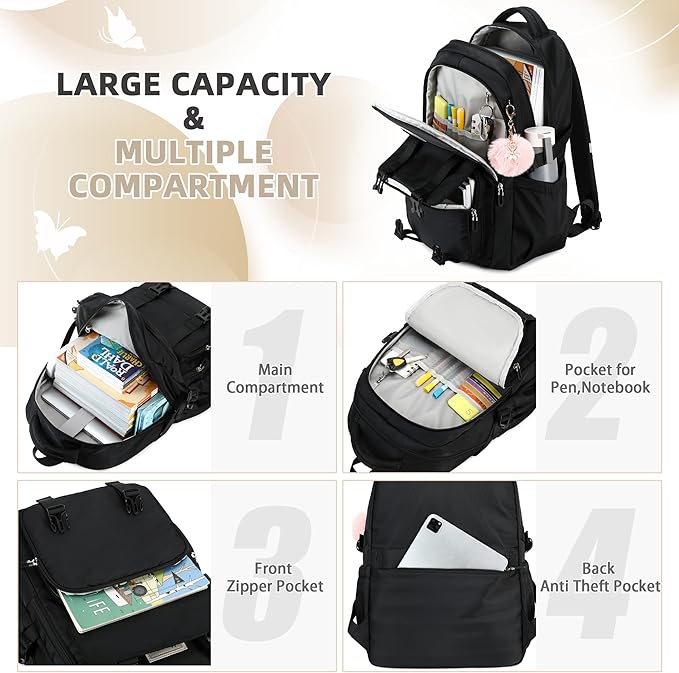 Backpacks for Girls,Laptop Bags for Women Men,3pcs Backpack with Lunch Bag Pencil Pouch Case for Teens Girl Kids Bookbag Elementary Middle School College Back Packs Student Daypack Black Set