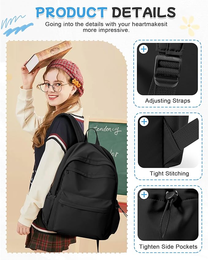 Black Backpack for School, High School Bookbag Back Pack for Teens Girls Boys, Lightweight College Backpack Book Bag for Women Men, Simple Casual Daypack Backpack Mochilas Escolares para Adolescentes